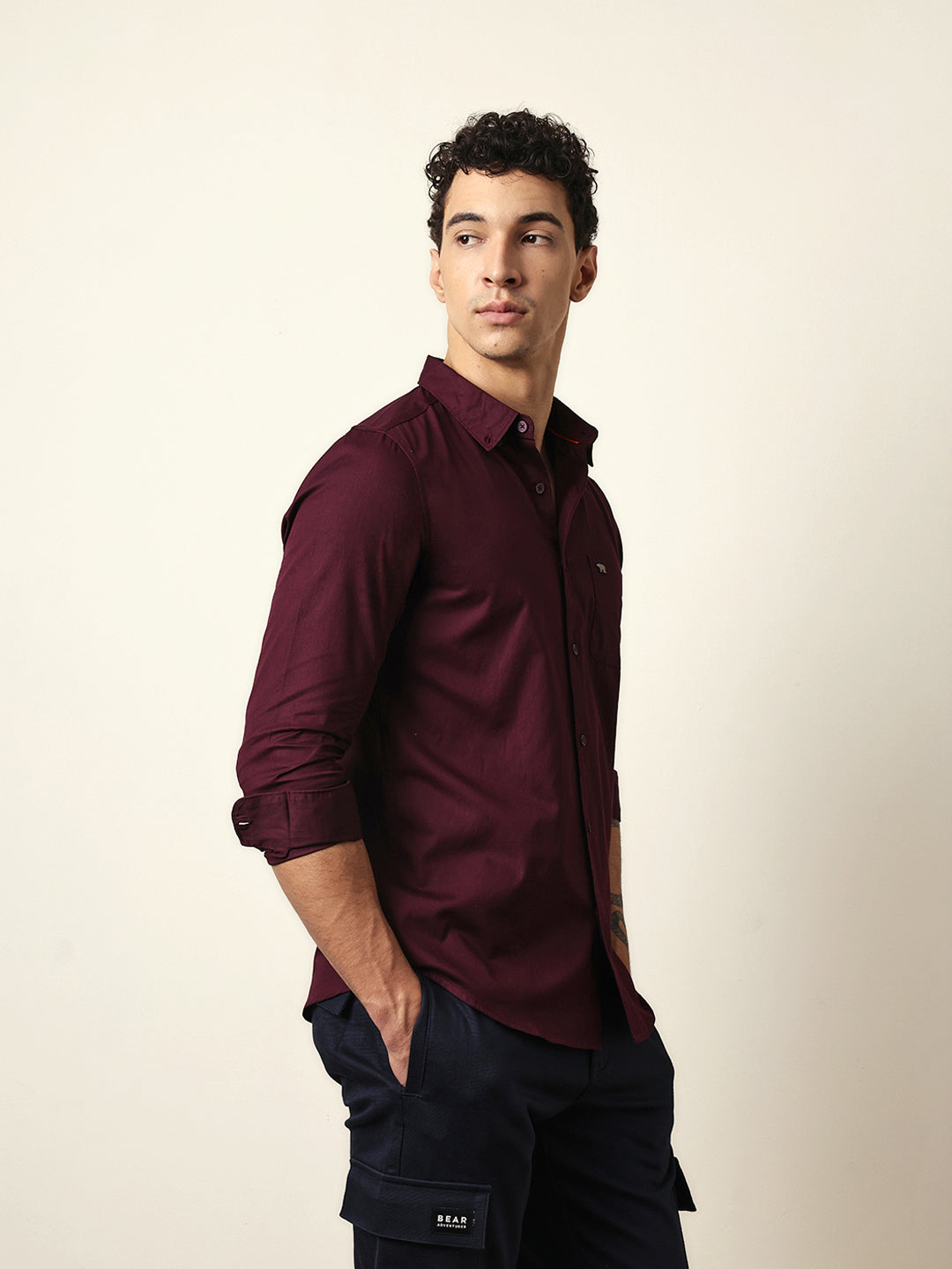 Maroon Solid Slim-Fit Casual Shirt with Button-Down Collar