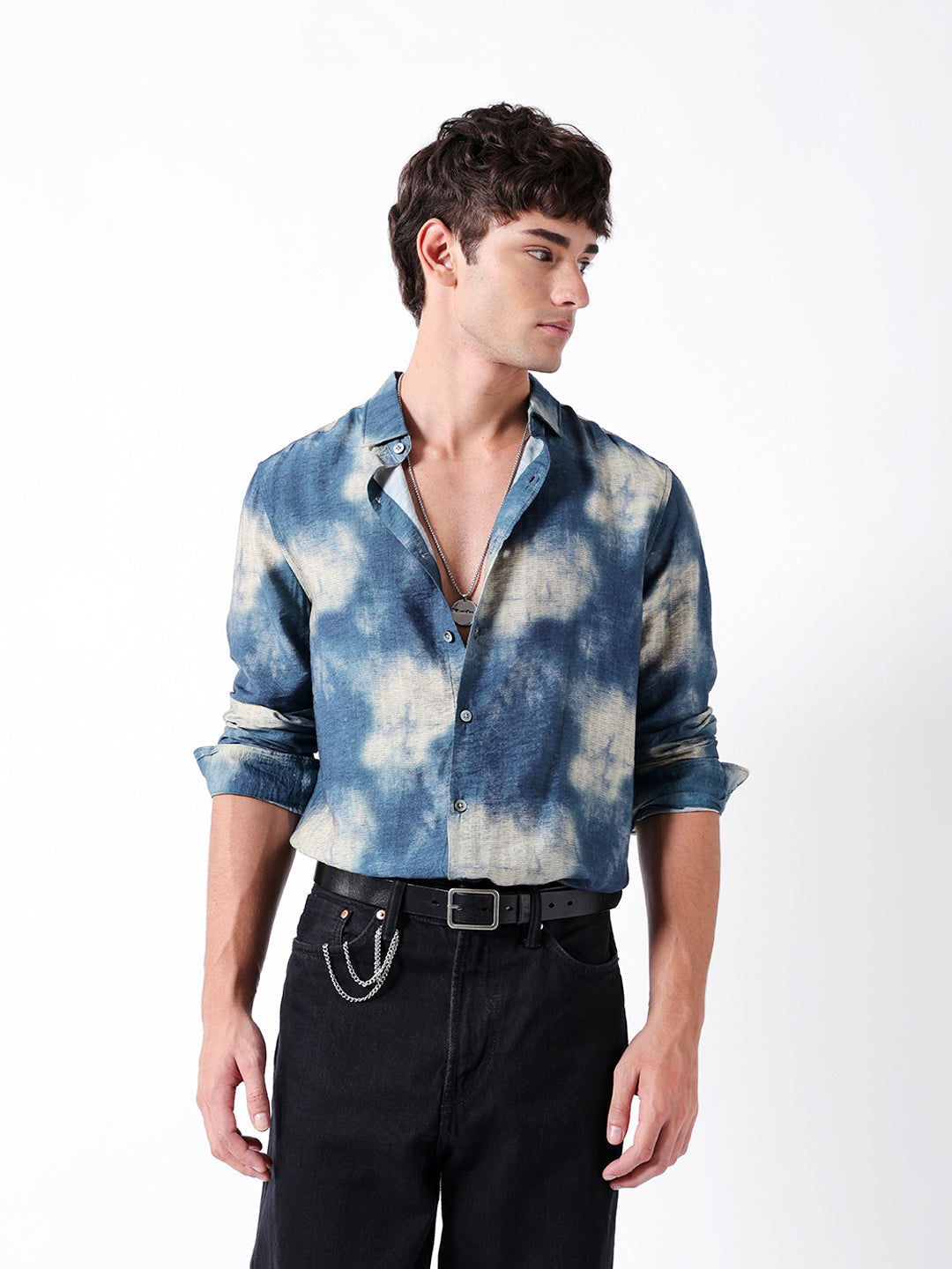 Blue Tie-Dye Print Slim Fit Casual Shirt