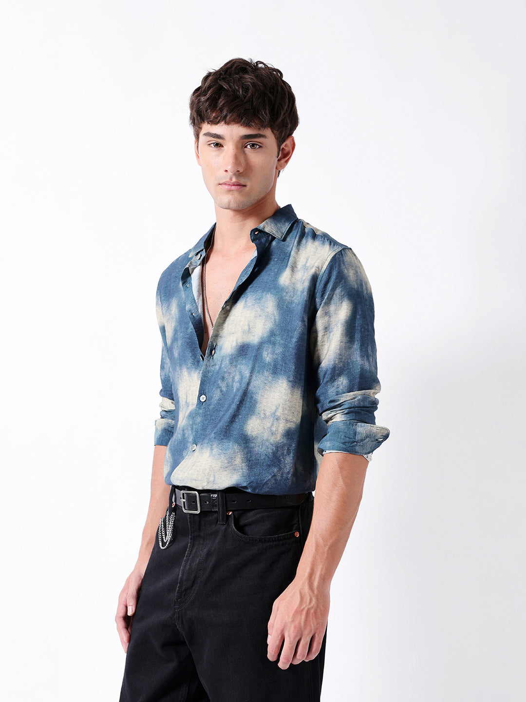 Blue Tie-Dye Print Slim Fit Casual Shirt