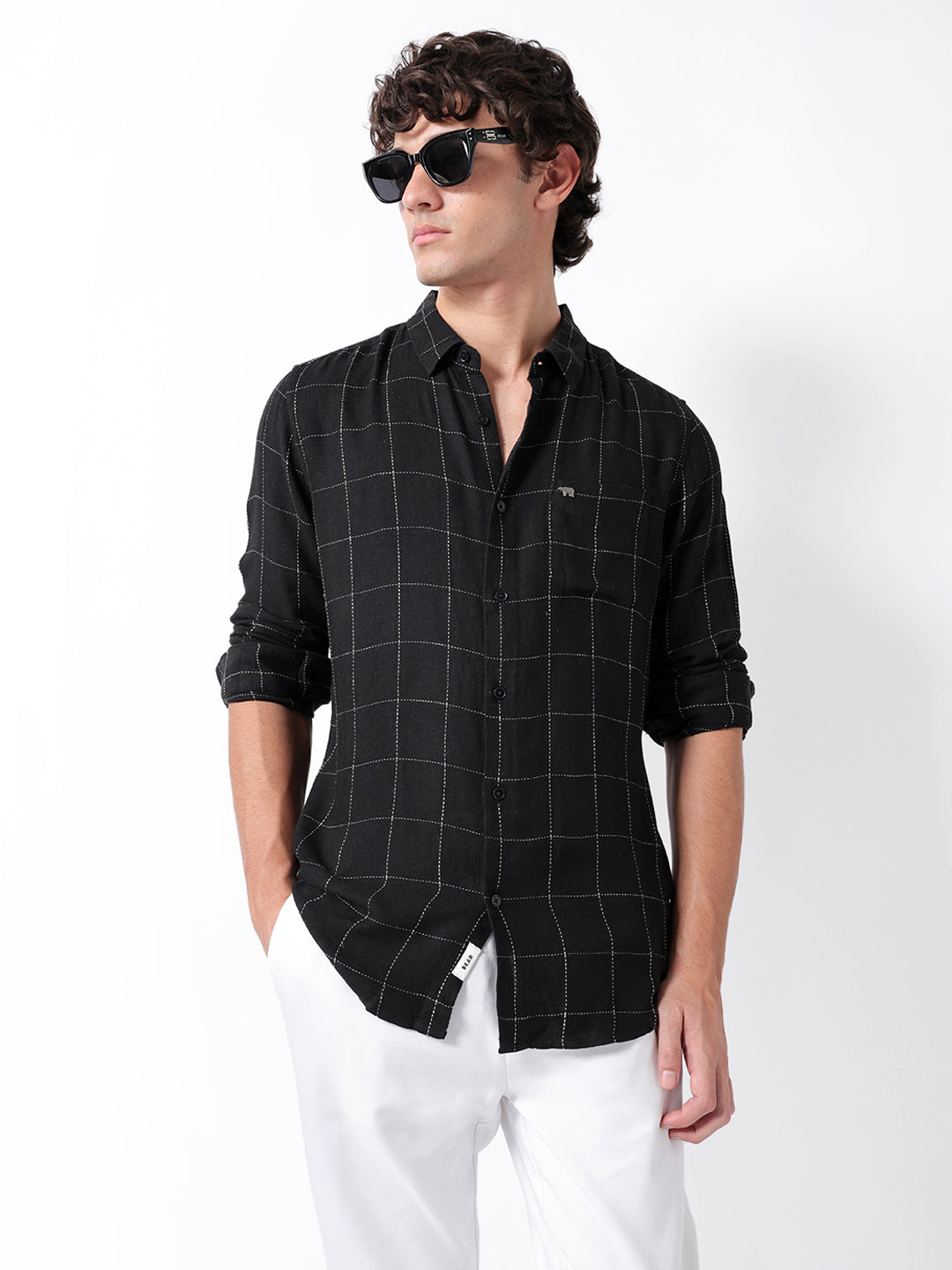 Black Slim Fit Casual Shirt with Woven Block Checks
