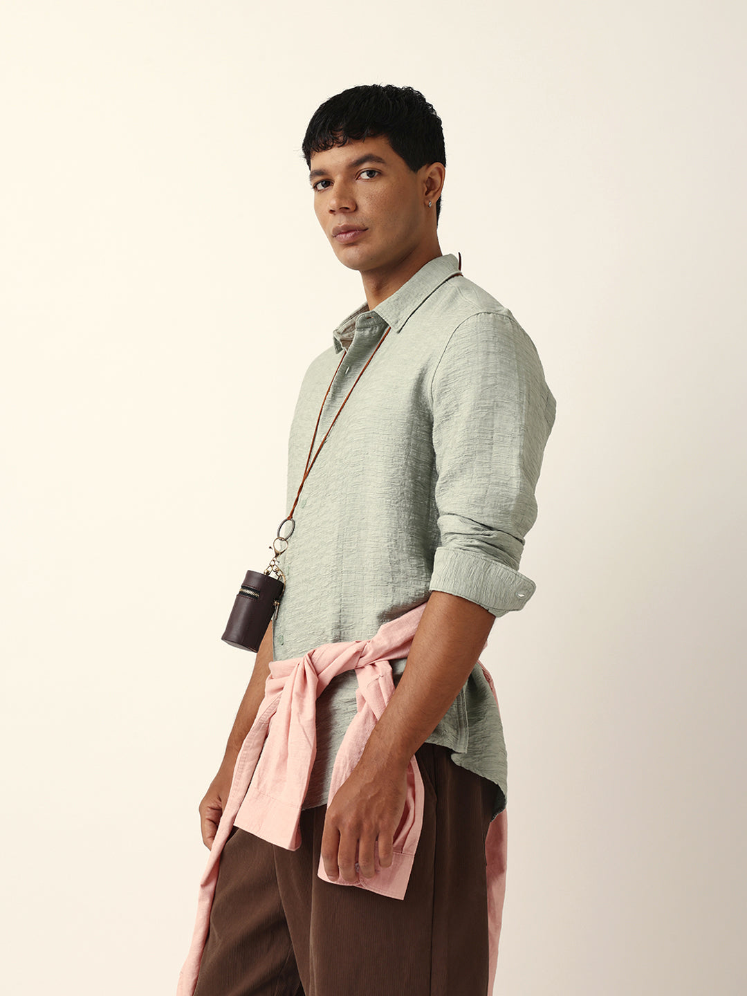 Light Green Crinkle Textured Slim Fit Casual Shirt