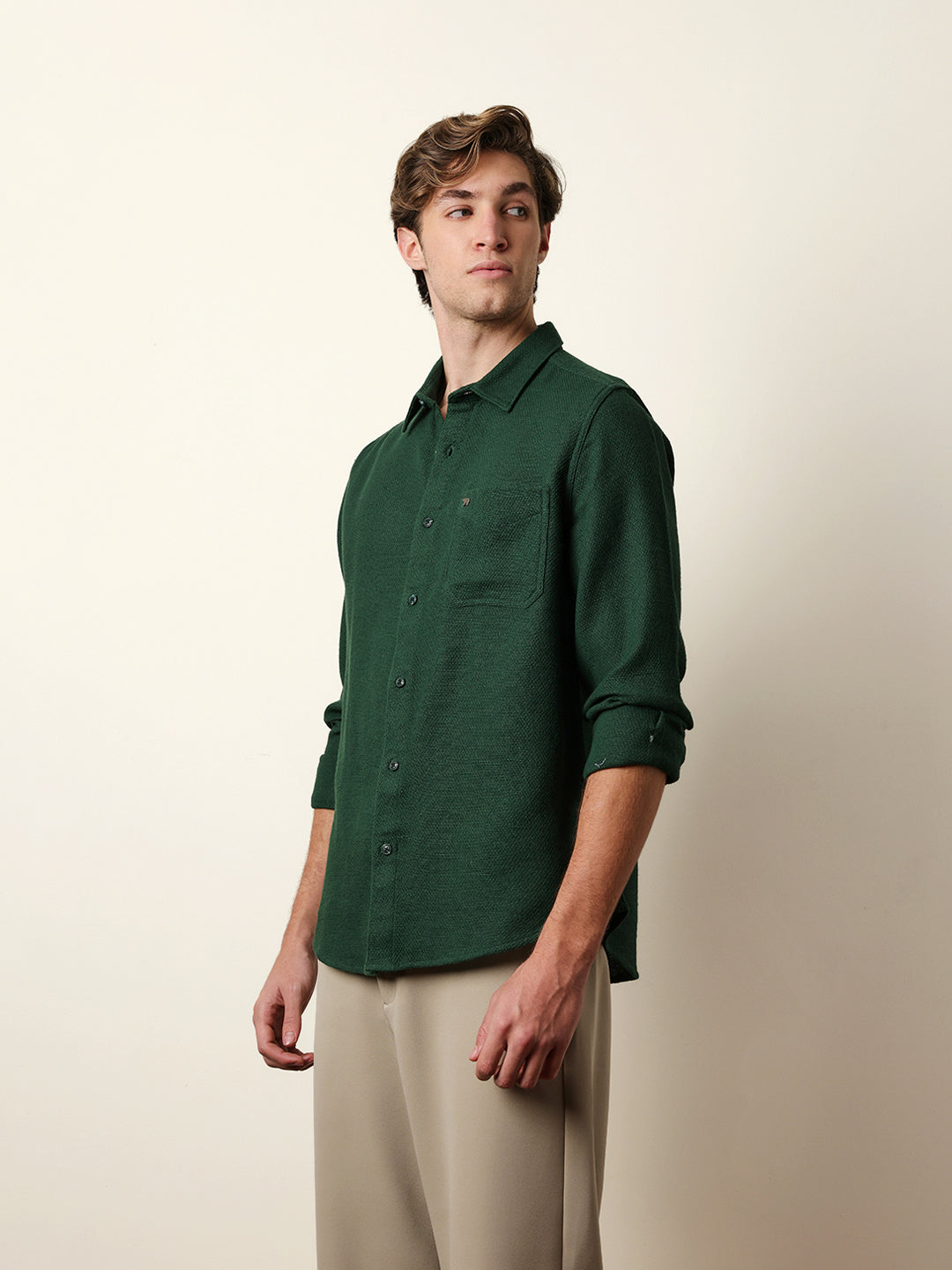 Green Woven Textured Regular Fit Casual Shirt