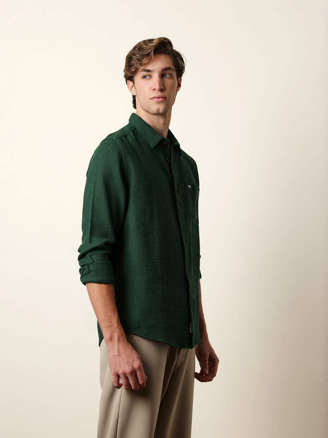 Green Woven Textured Regular Fit Casual Shirt