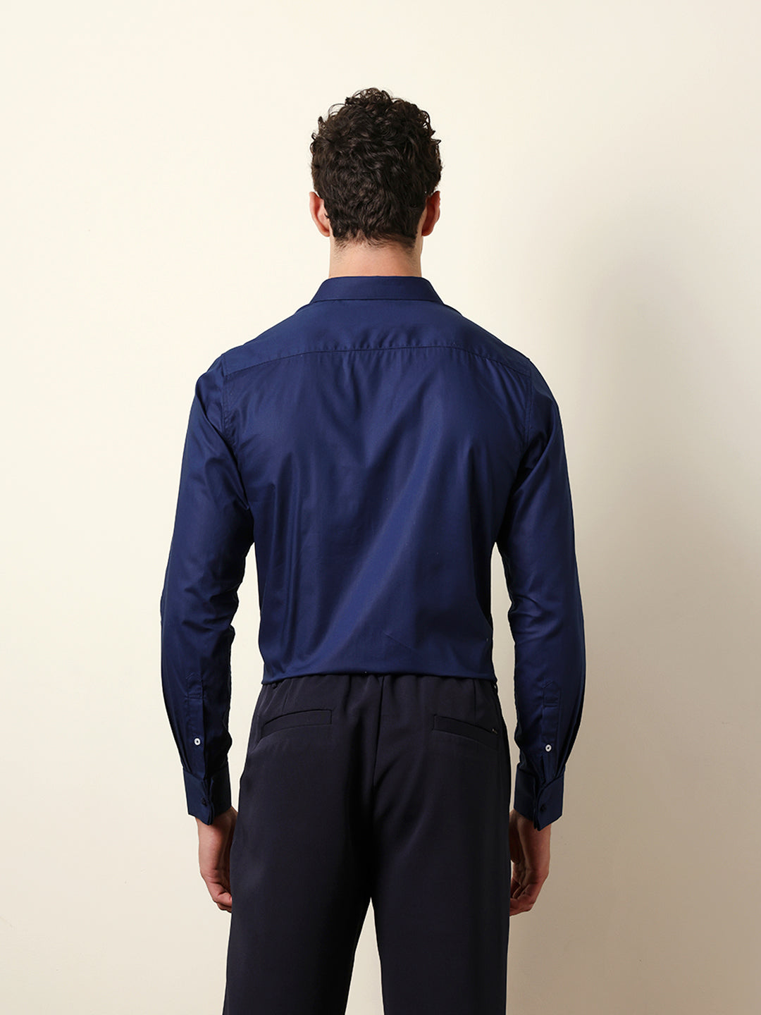 Navy Blue Solid Tailored Fit Formal Shirt with French Cuffs