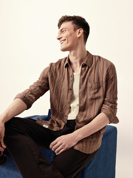 Rust Vertical Seersucker Pinstripe Slim Fit Casual Shirt