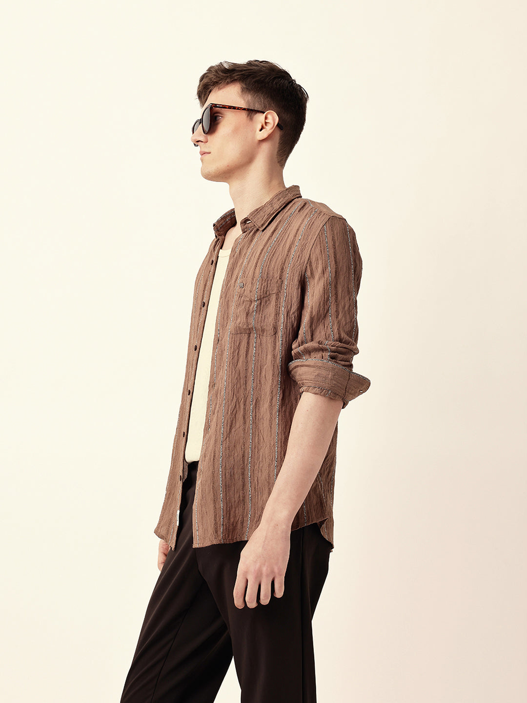 Rust Vertical Seersucker Pinstripe Slim Fit Casual Shirt