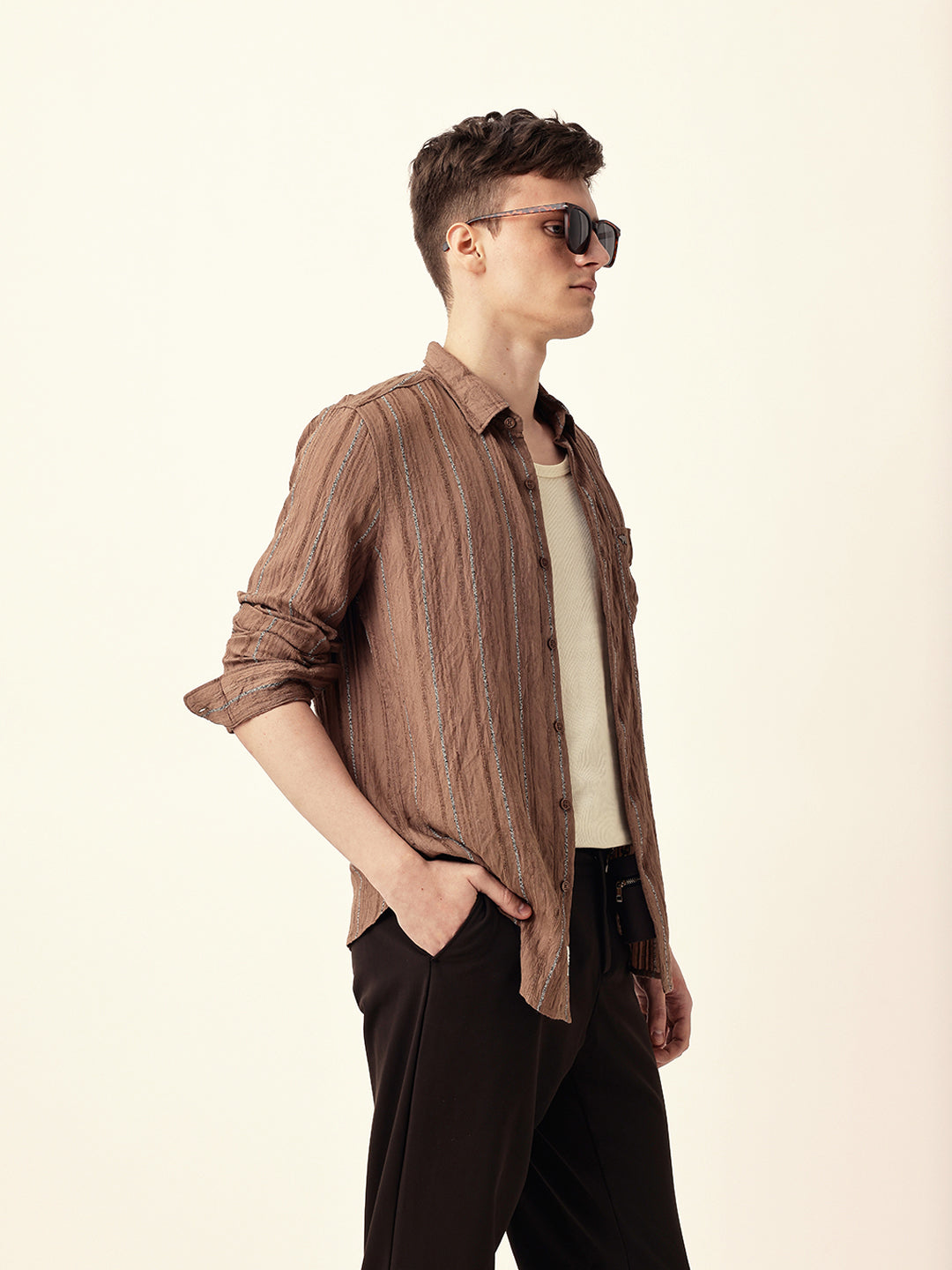 Rust Vertical Seersucker Pinstripe Slim Fit Casual Shirt