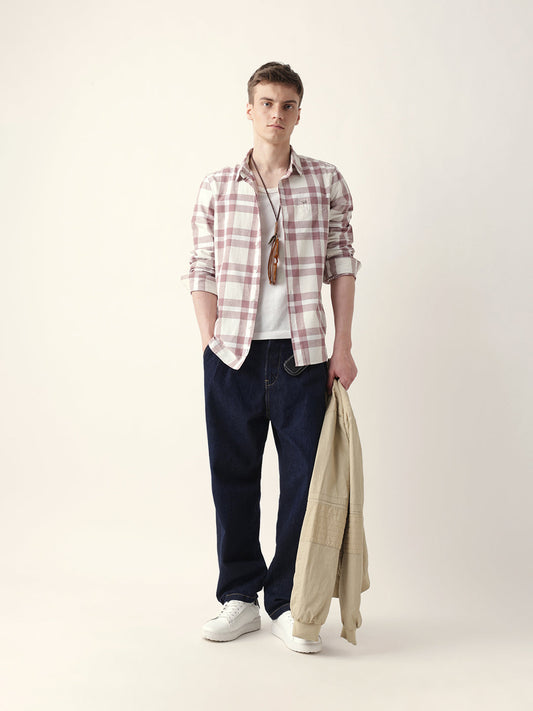 Off white with Pink Woven Tartan Checked Slim Fit Casual Shirt