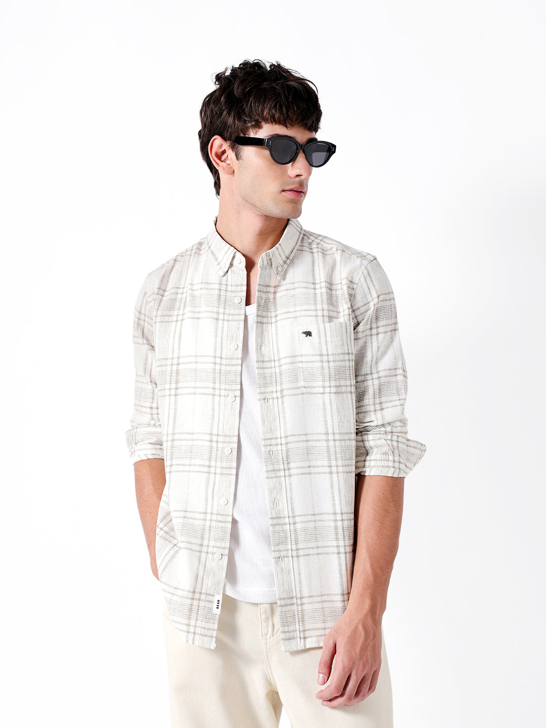 Cream & Brown Slim Fit Plaid Check Woven Casual Shirt