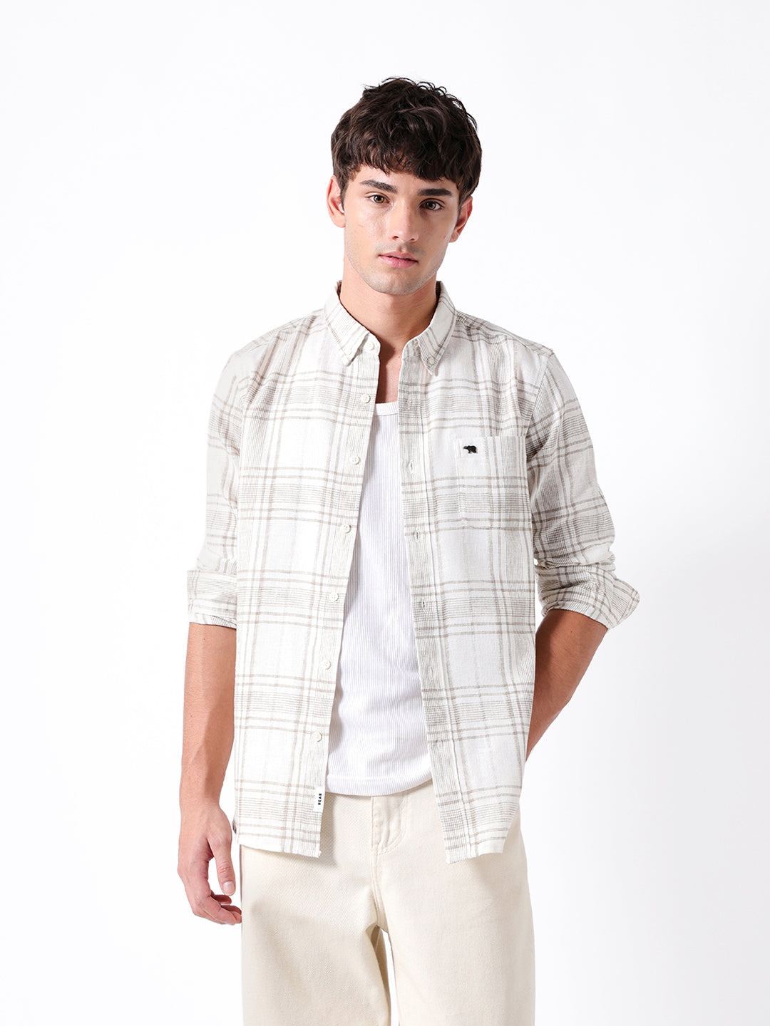 Cream & Brown Slim Fit Plaid Check Woven Casual Shirt