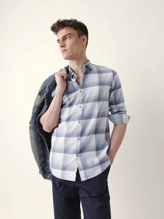Blue with White Woven Checkered Slim Fit Casual Shirt