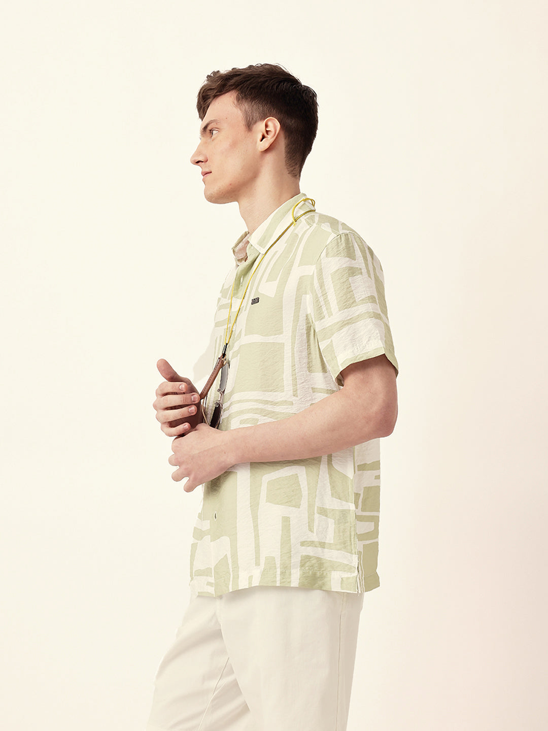 White & Green Relaxed Fit Abstract Stroke Print Half Sleeve Casual Shirt