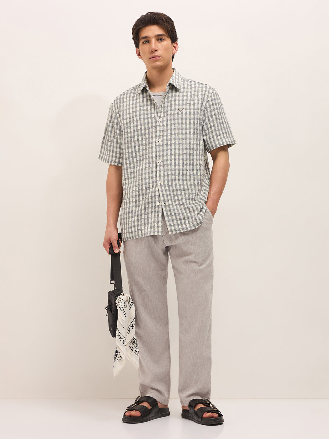 Grey Woven Checked Oversized Fit Casual Shirt with Spread Collar