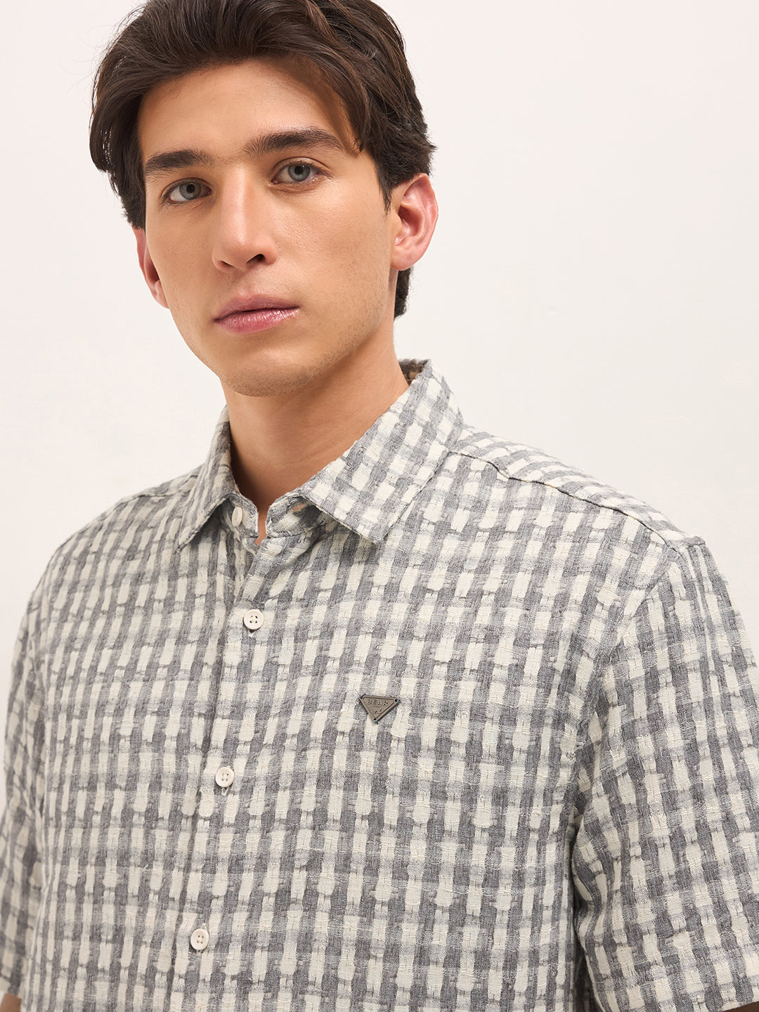 Grey Woven Checked Oversized Fit Casual Shirt with Spread Collar