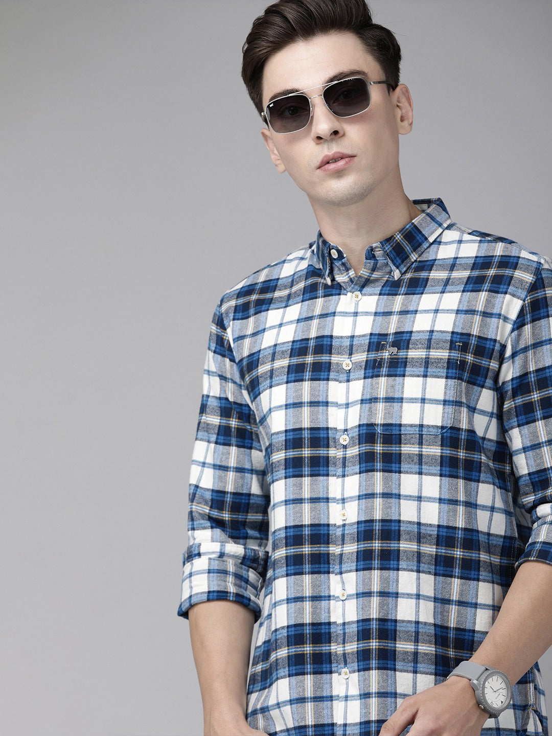 Men Slim Button-down Flannel Shirt