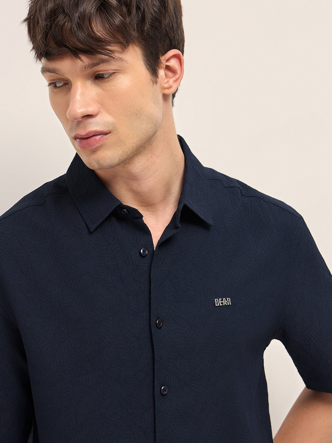 Navy All-Over Textured Leaf Motif Oversized Casual Shirt with Half Sleeves
