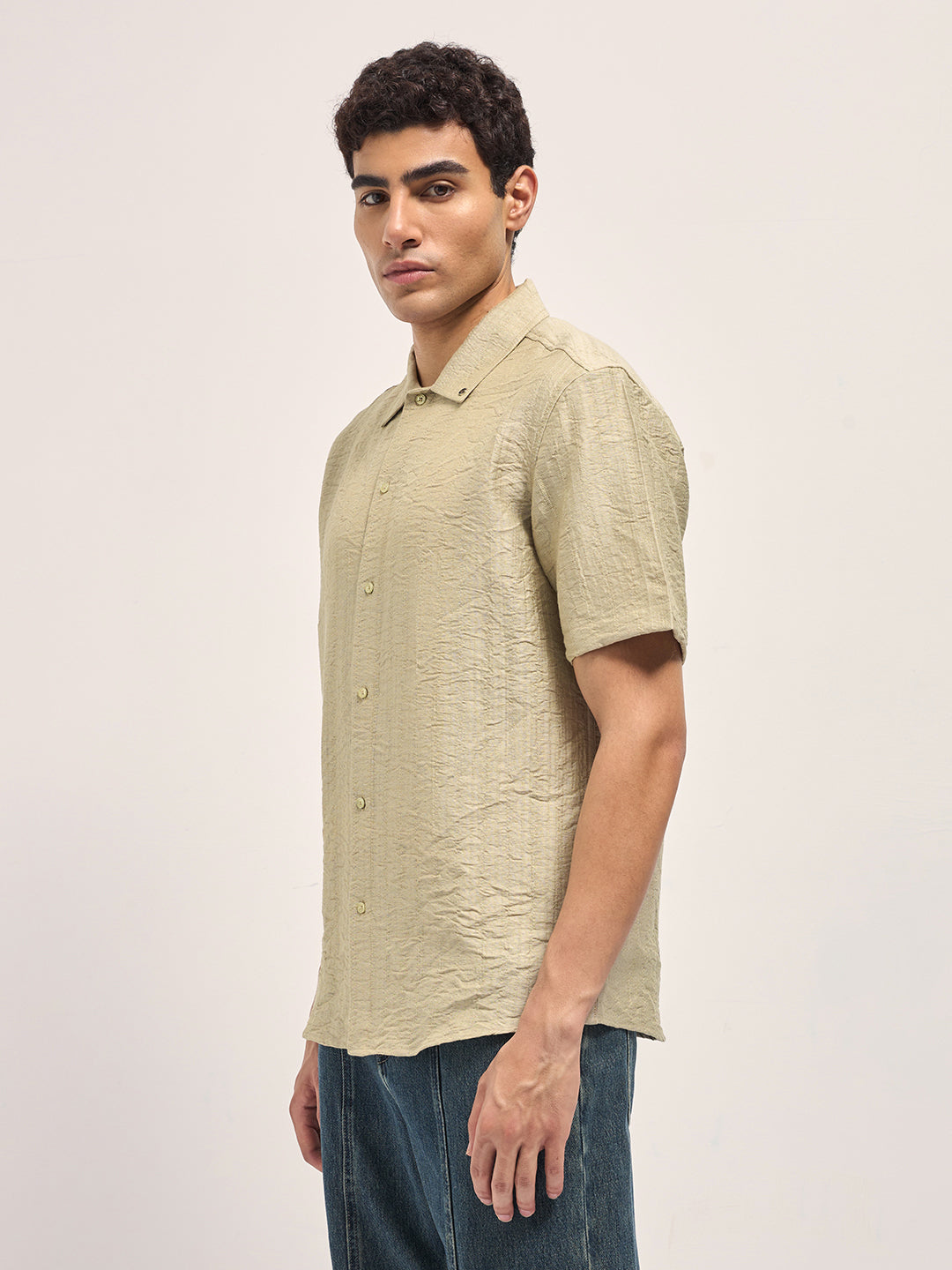 Beige Crinkled Textured Regular Fit Half-Sleeve Casual Shirt
