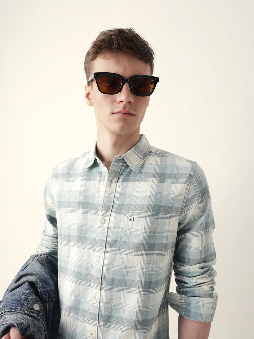 Teal with Cream Woven Checkered Slim Fit Casual Shirt