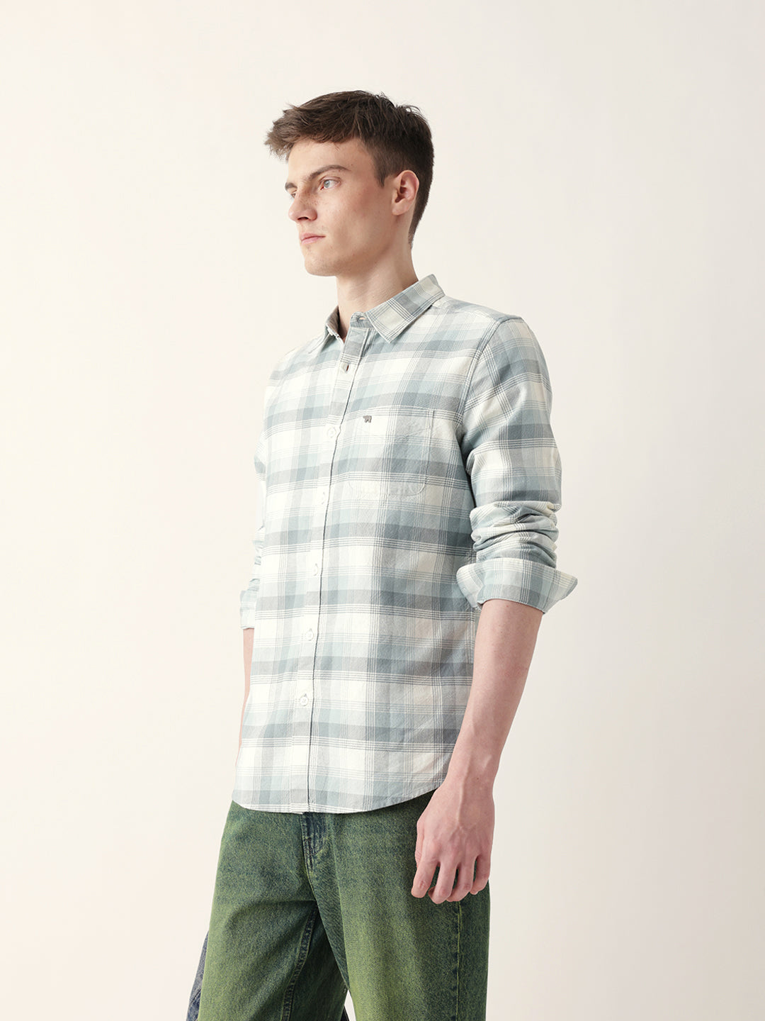 Teal with Cream Woven Checkered Slim Fit Casual Shirt