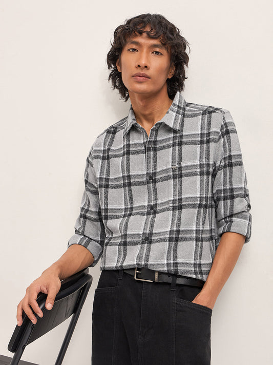 Grey Tartan Checked Flannel Slim Fit Casual Shirt