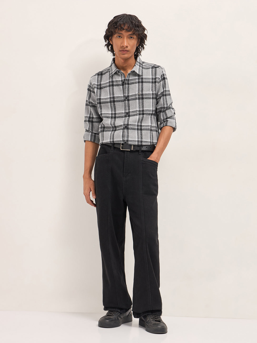 Grey Tartan Checked Flannel Slim Fit Casual Shirt