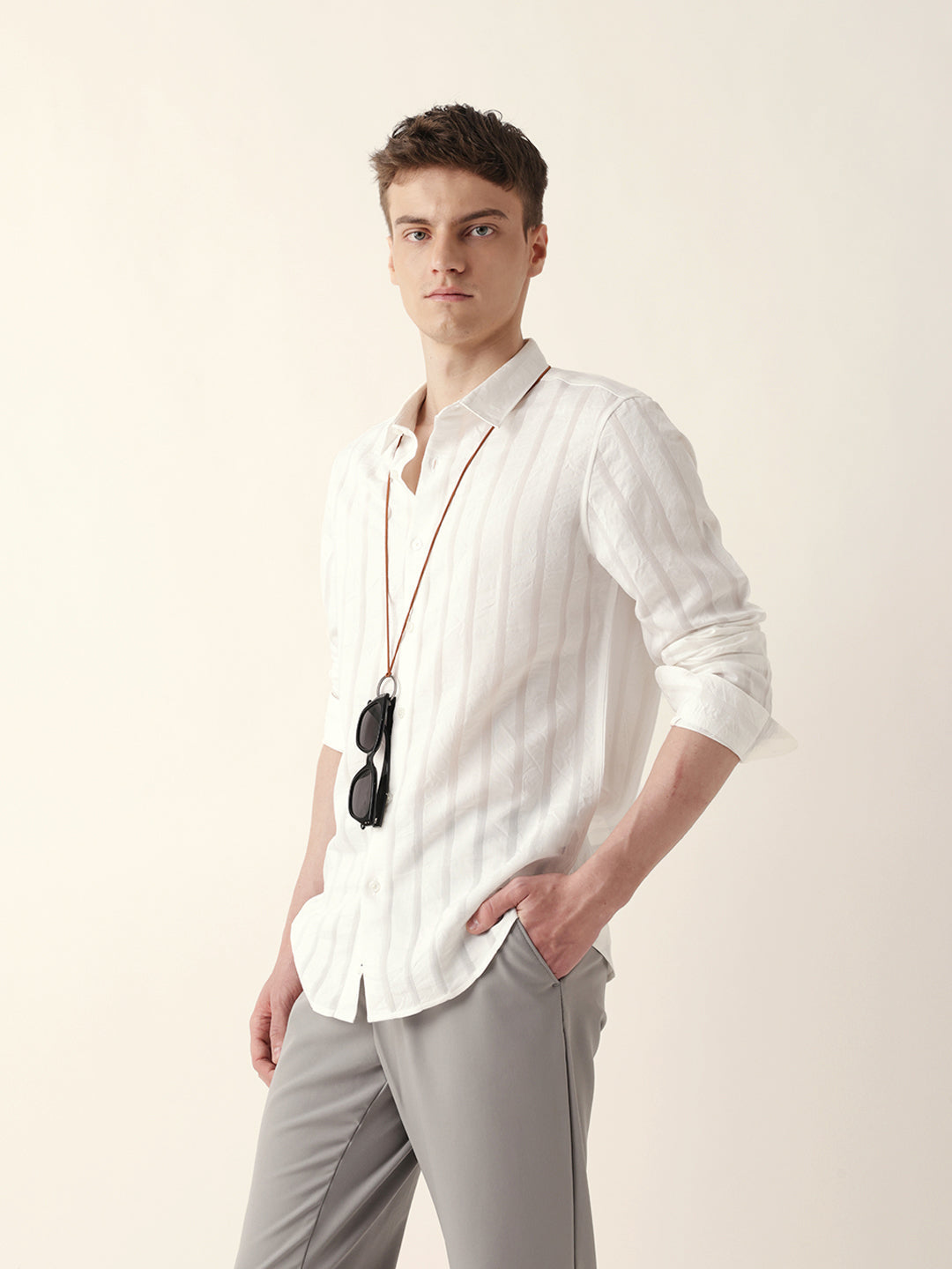 White Woven Vertical Striped Slim Fit Casual Shirt
