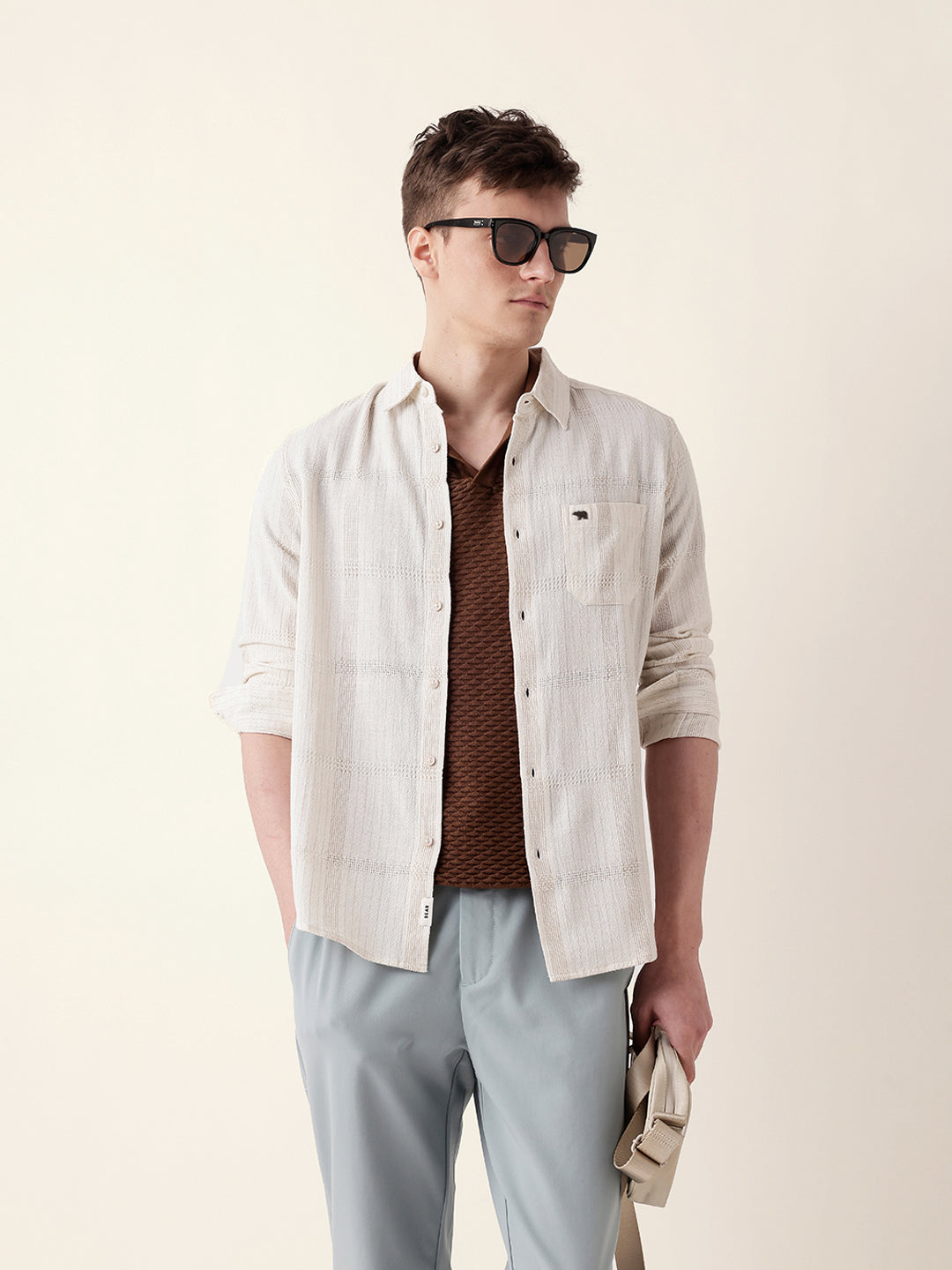 Cream Slim Fit Casual Shirt with Vertical Stripes & Horizontal Texture Design
