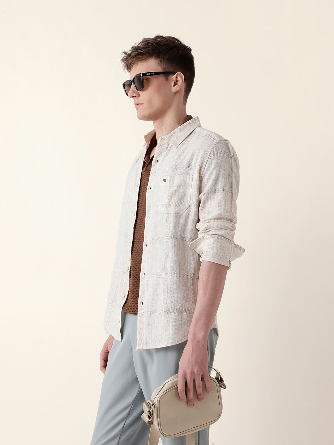 Cream Slim Fit Casual Shirt with Vertical Stripes & Horizontal Texture Design