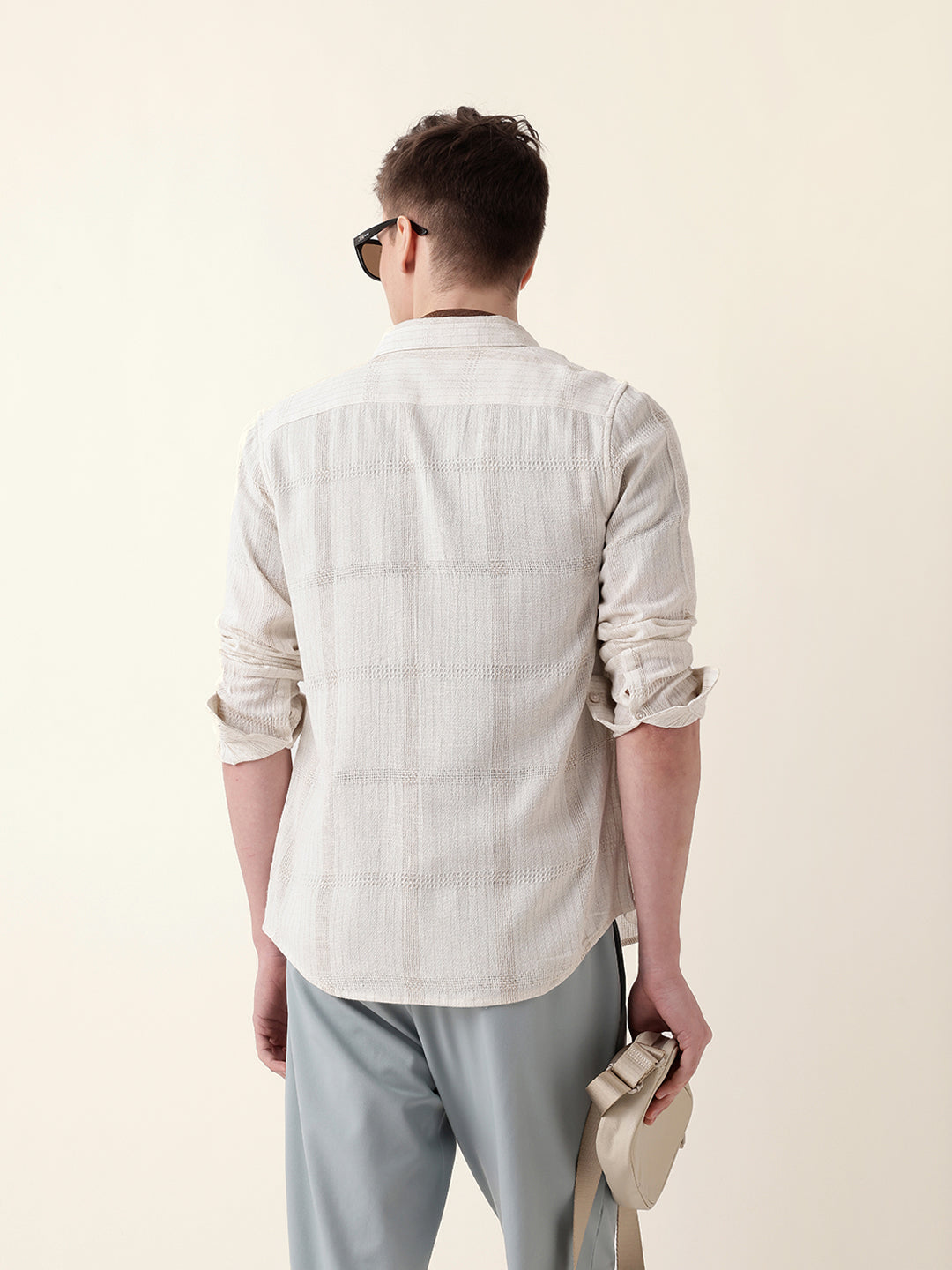 Cream Slim Fit Casual Shirt with Vertical Stripes & Horizontal Texture Design