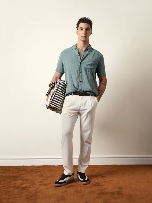 Green Embroidered Motif Regular Fit Casual Shirt