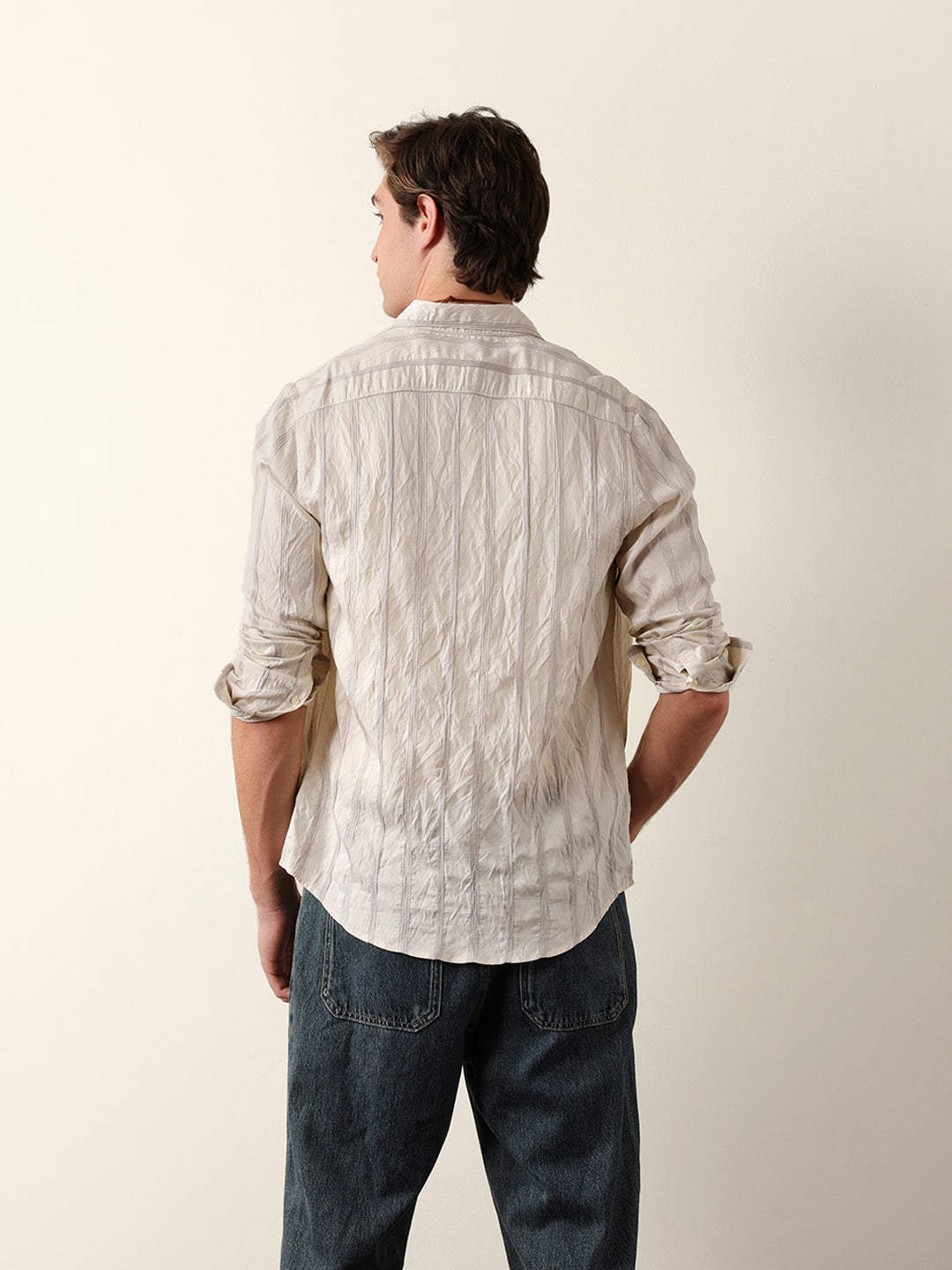 Purple & Cream Seersucker Vertical Pinstripe Slim Fit Casual Shirt