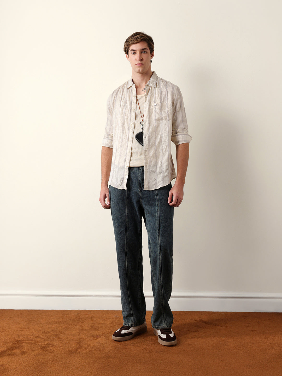 Purple & Cream Seersucker Vertical Pinstripe Slim Fit Casual Shirt