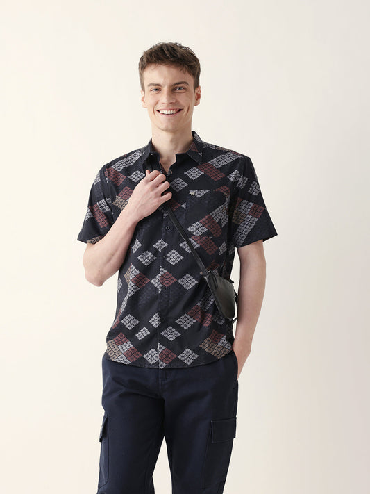 Black Regular Fit Casual Shirt with Geometric Floral Grid Print