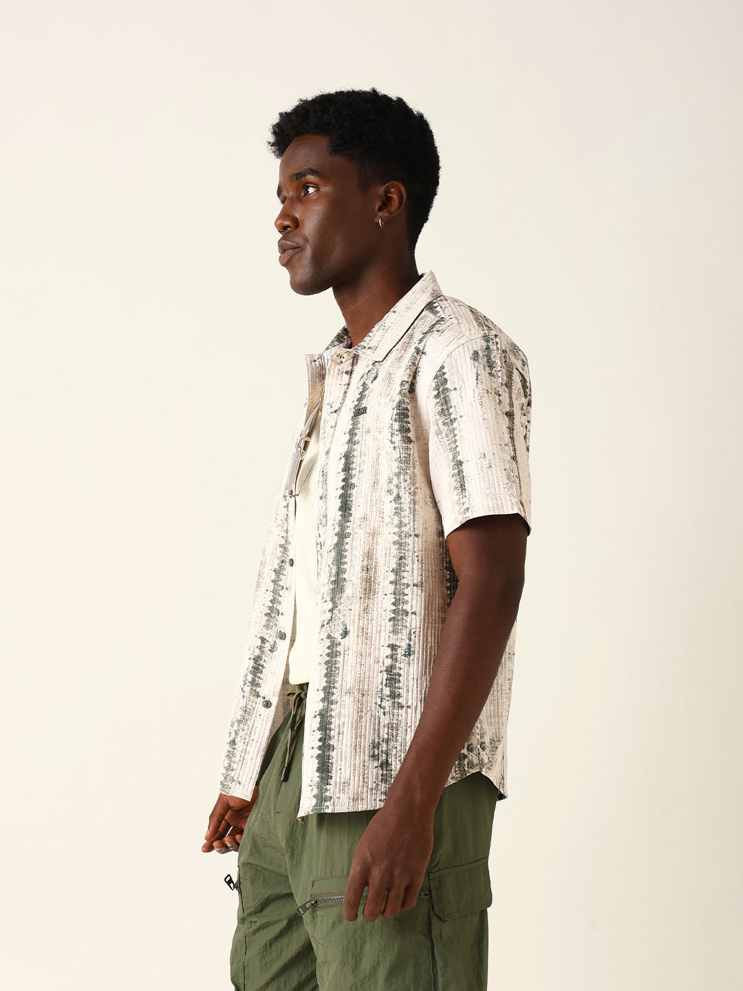 Beige & Olive Abstract Textured Printed Relaxed Fit Casual Shirt