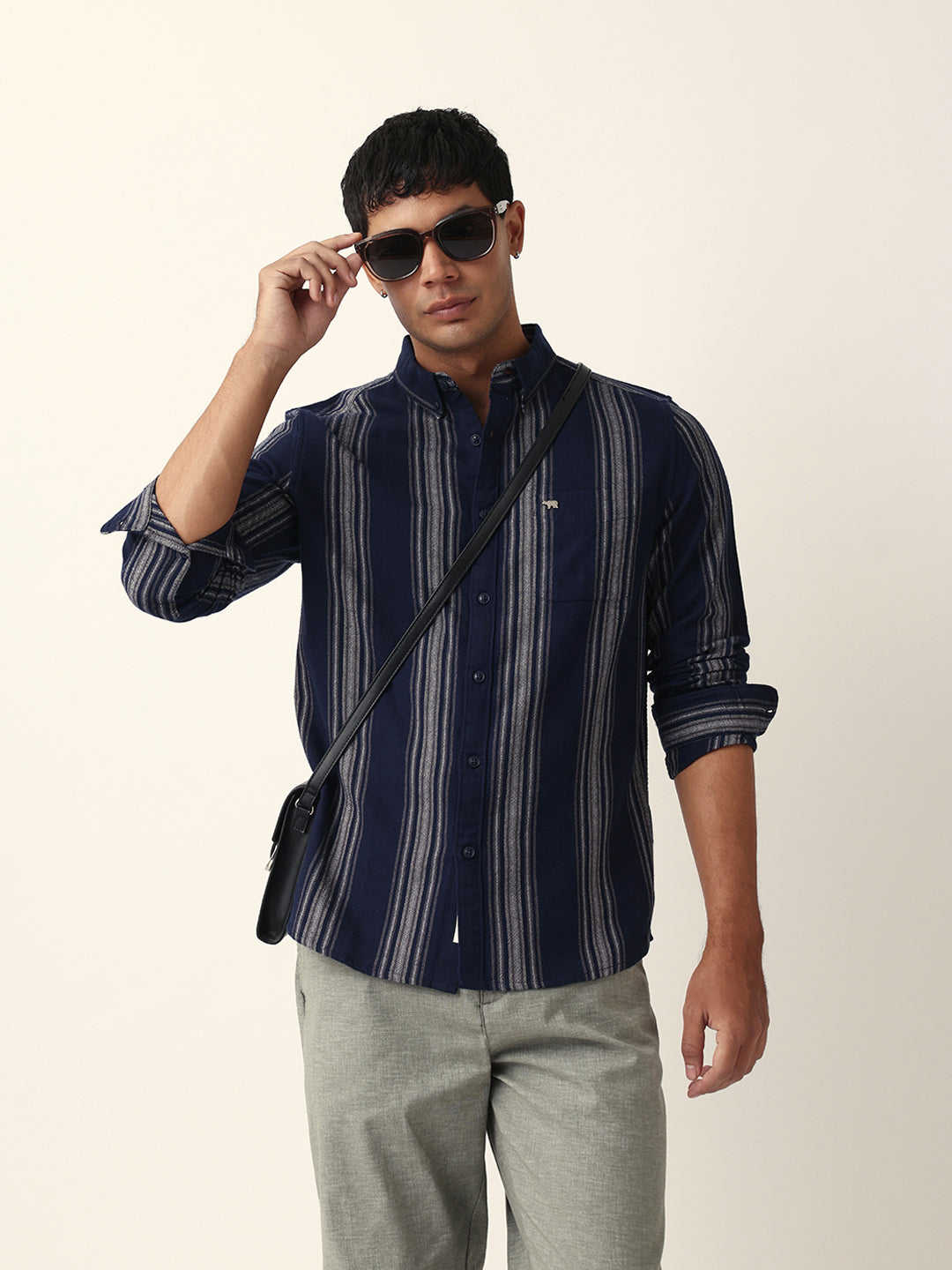 Blue Vertical Woven Stripe Slim Fit Casual Shirt