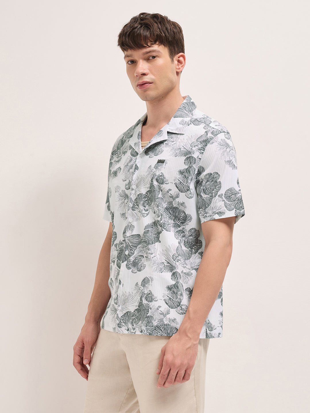 White Tropical Floral Print Relaxed Fit Cuban Collar Shirt