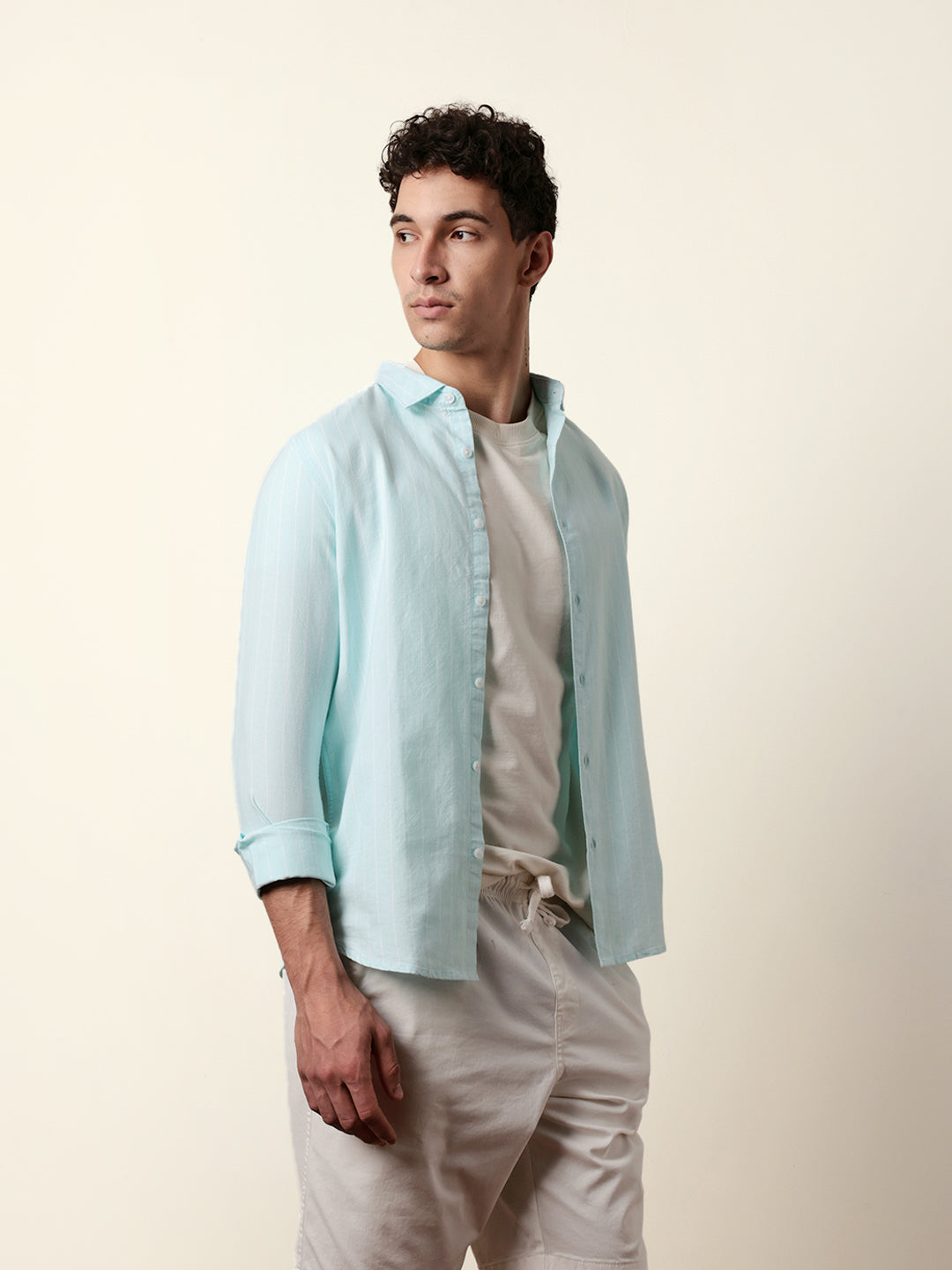Mint Blue Vertical Woven Stripe Slim Fit Casual Shirt