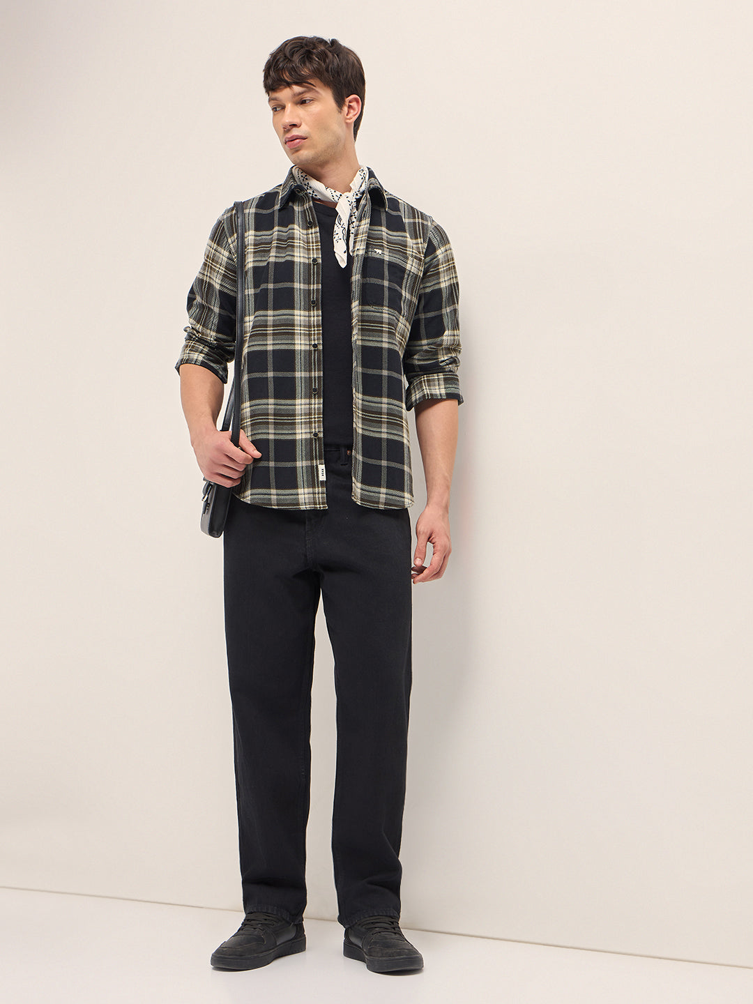 Black & Beige Woven Check Regular Fit Casual Shirt