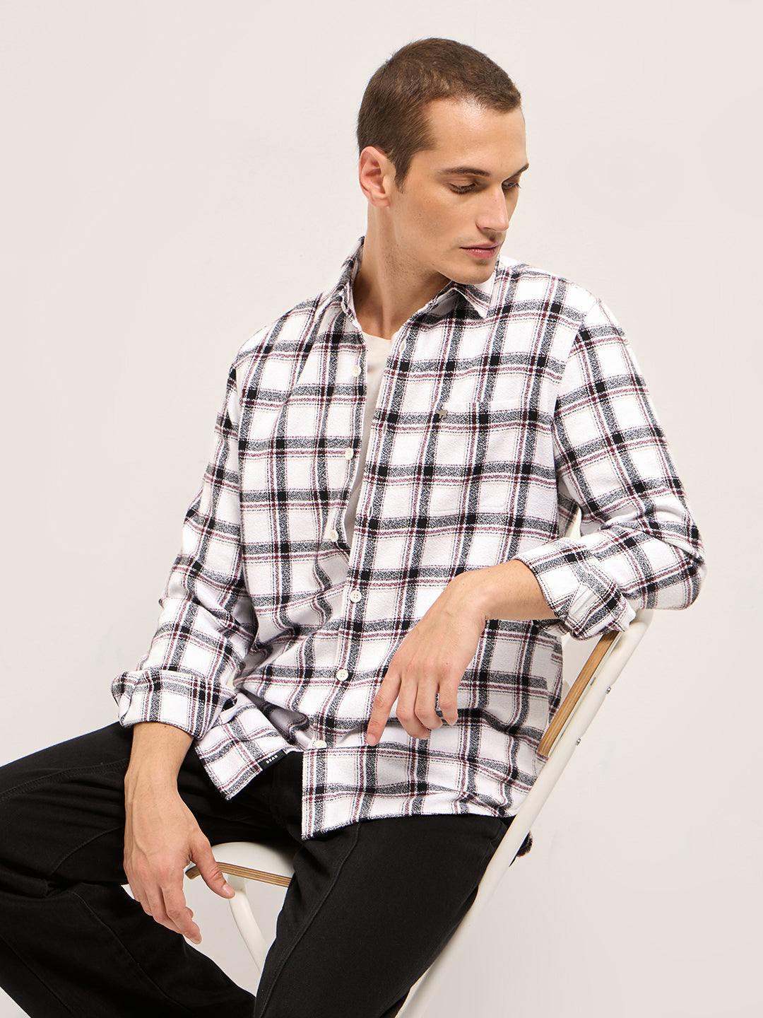 White Tartan Checked Flannel Slim Fit Casual Shirt