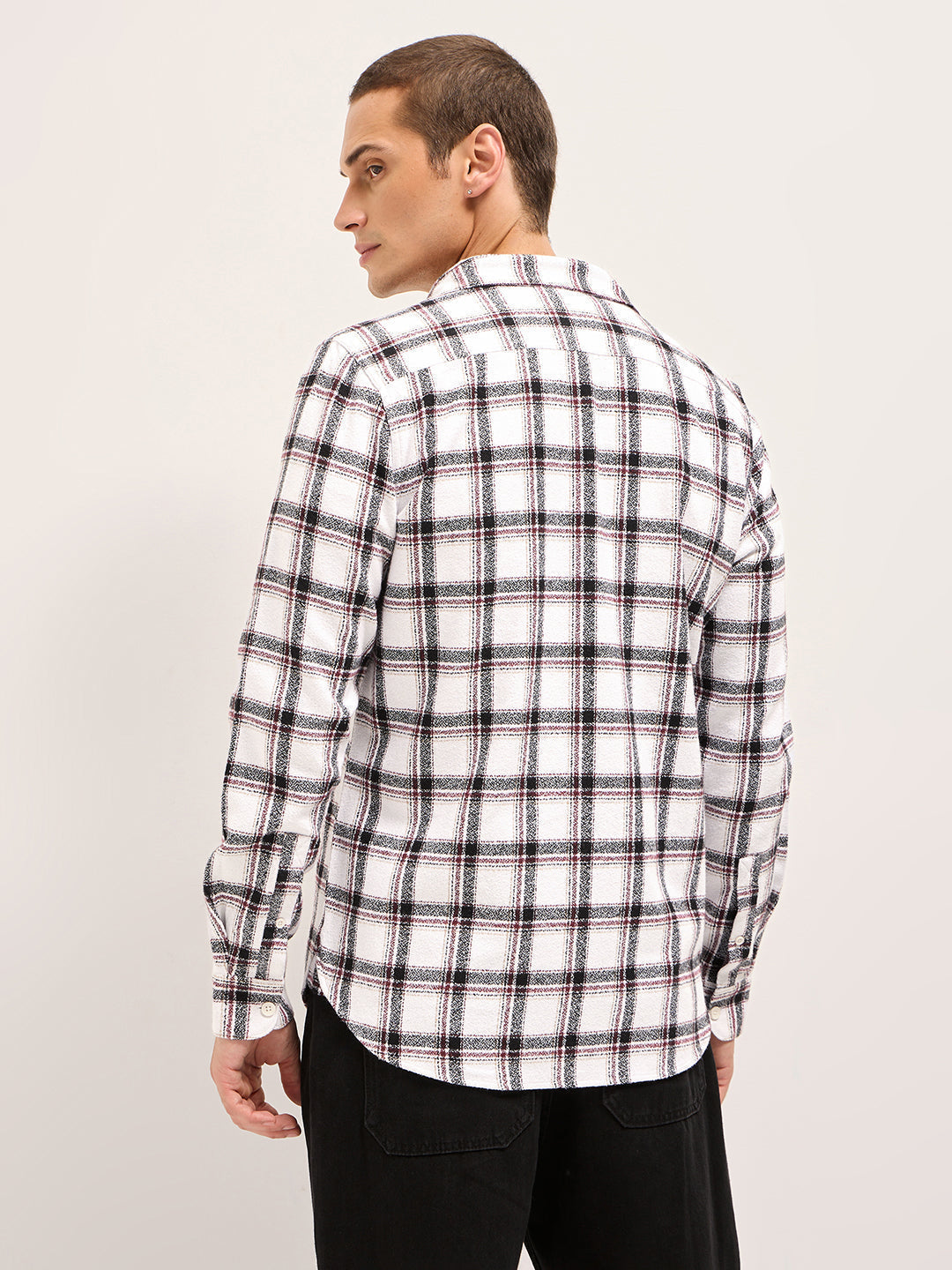 White Tartan Checked Flannel Slim Fit Casual Shirt