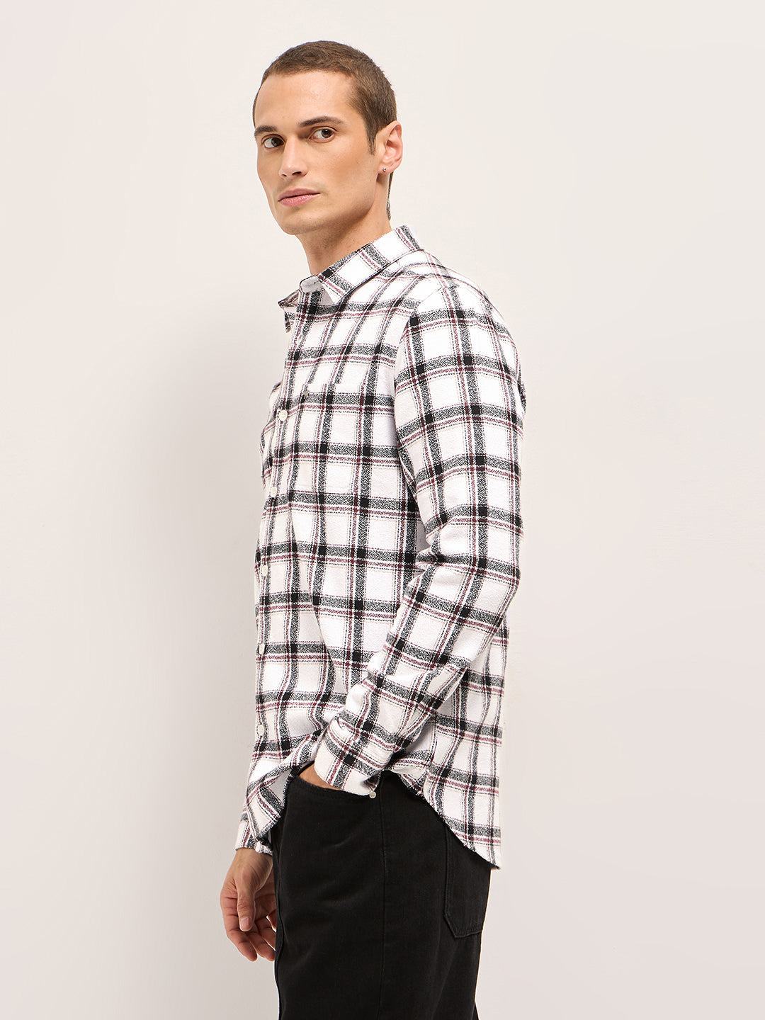White Tartan Checked Flannel Slim Fit Casual Shirt