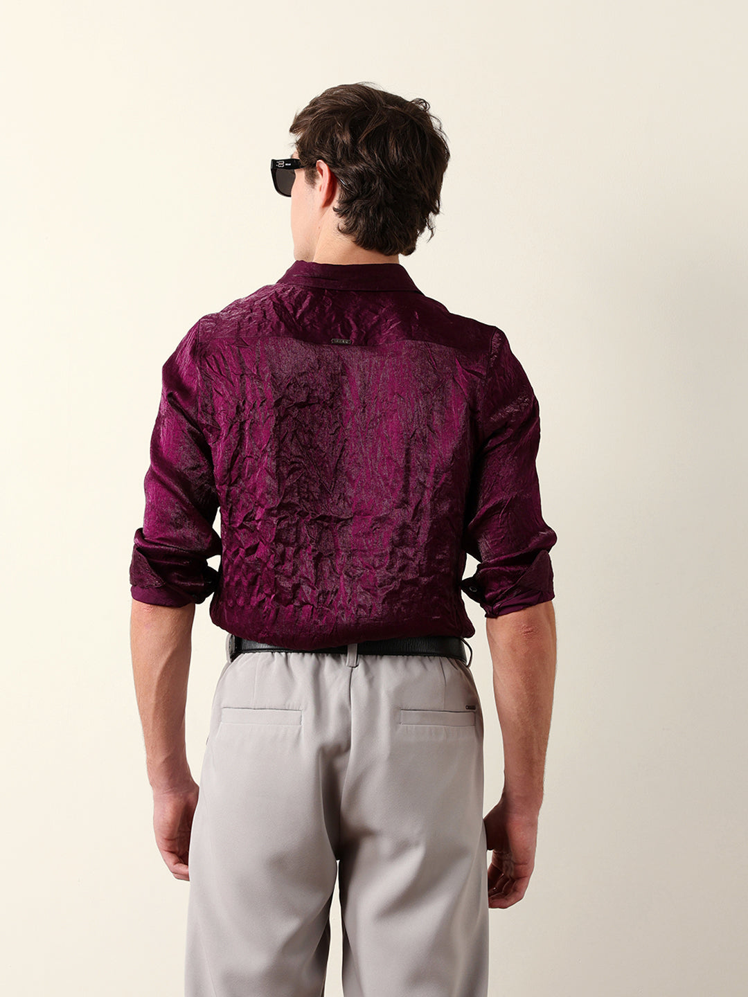 Purple Regular Fit Casual Shirt with Crinkle Effect & Subtle Sheen Finish