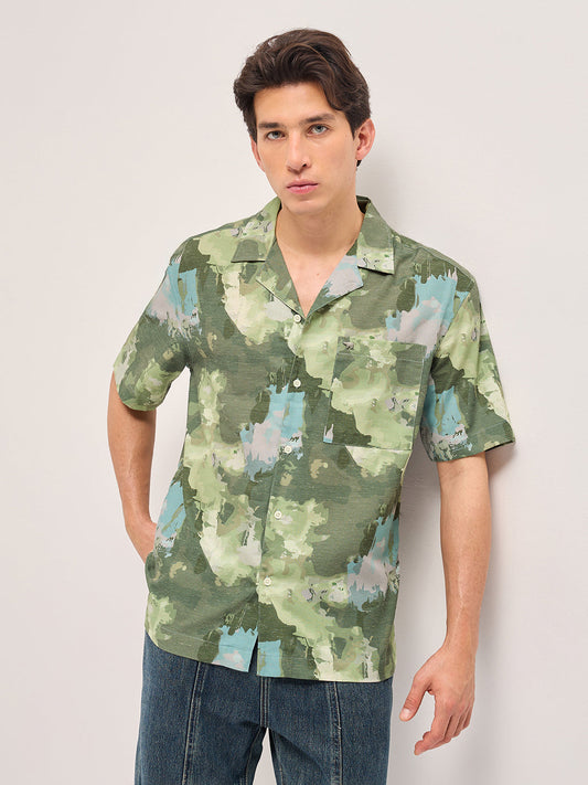 Green Abstract Camouflage Print Oversized Fit Half Sleeve Shirt