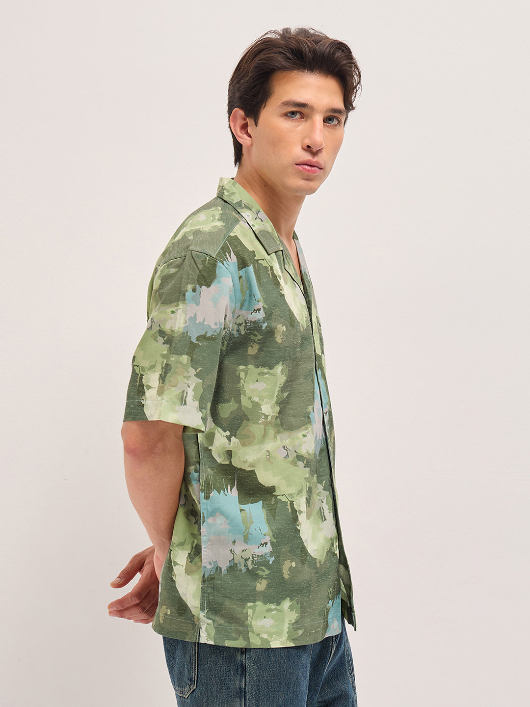 Green Abstract Camouflage Print Oversized Fit Half Sleeve Shirt