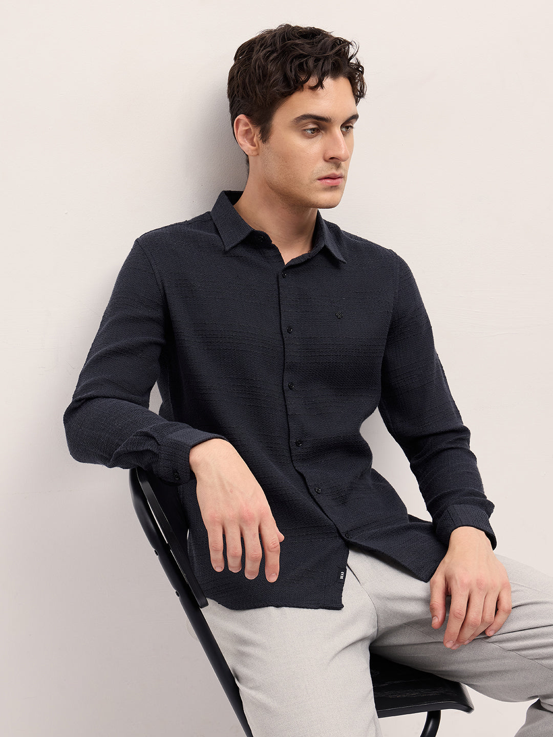 Black Textured Slim Fit Casual Shirt