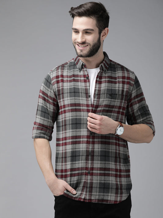 Men Grey Checked Slim Fit Cotton Casual Shirt