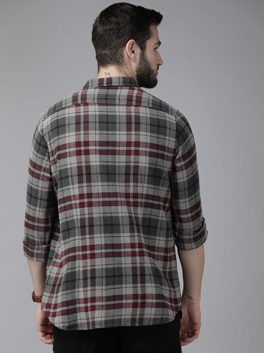 Men Grey Checked Slim Fit Cotton Casual Shirt