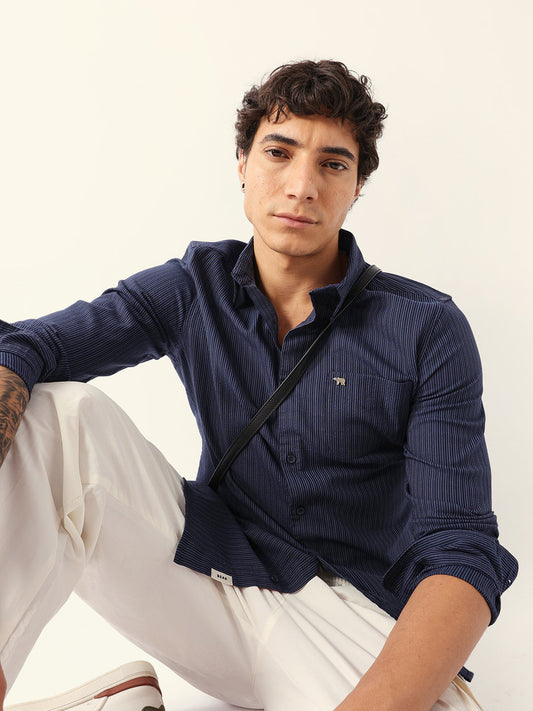 Blue Slim Fit Casual Shirt with Vertical Pine Stripes