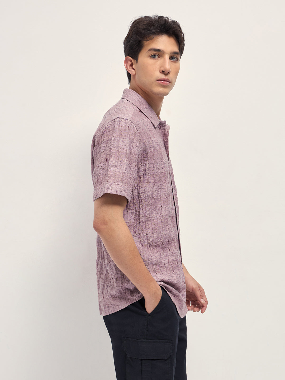 Pink Crinkle Textured Regular Fit Half-Sleeve Casual Shirt