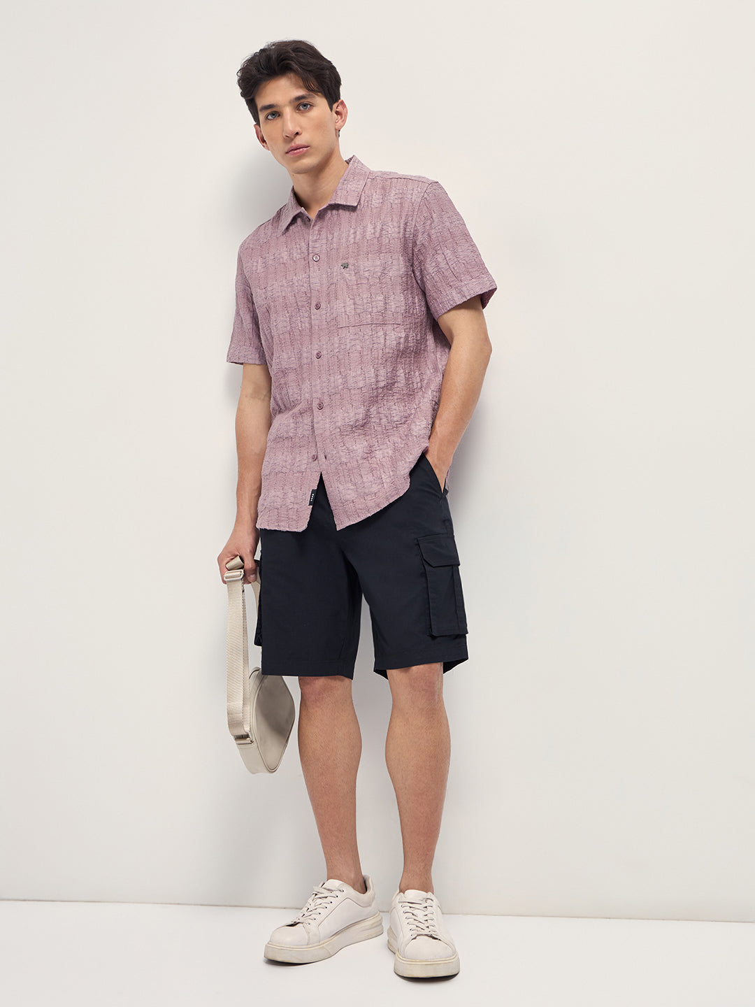Pink Crinkle Textured Regular Fit Half-Sleeve Casual Shirt